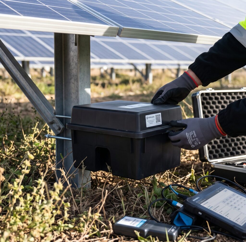 Técnico de Neoplagas revisando una estación de monitoreo de roedores bajo los paneles solares